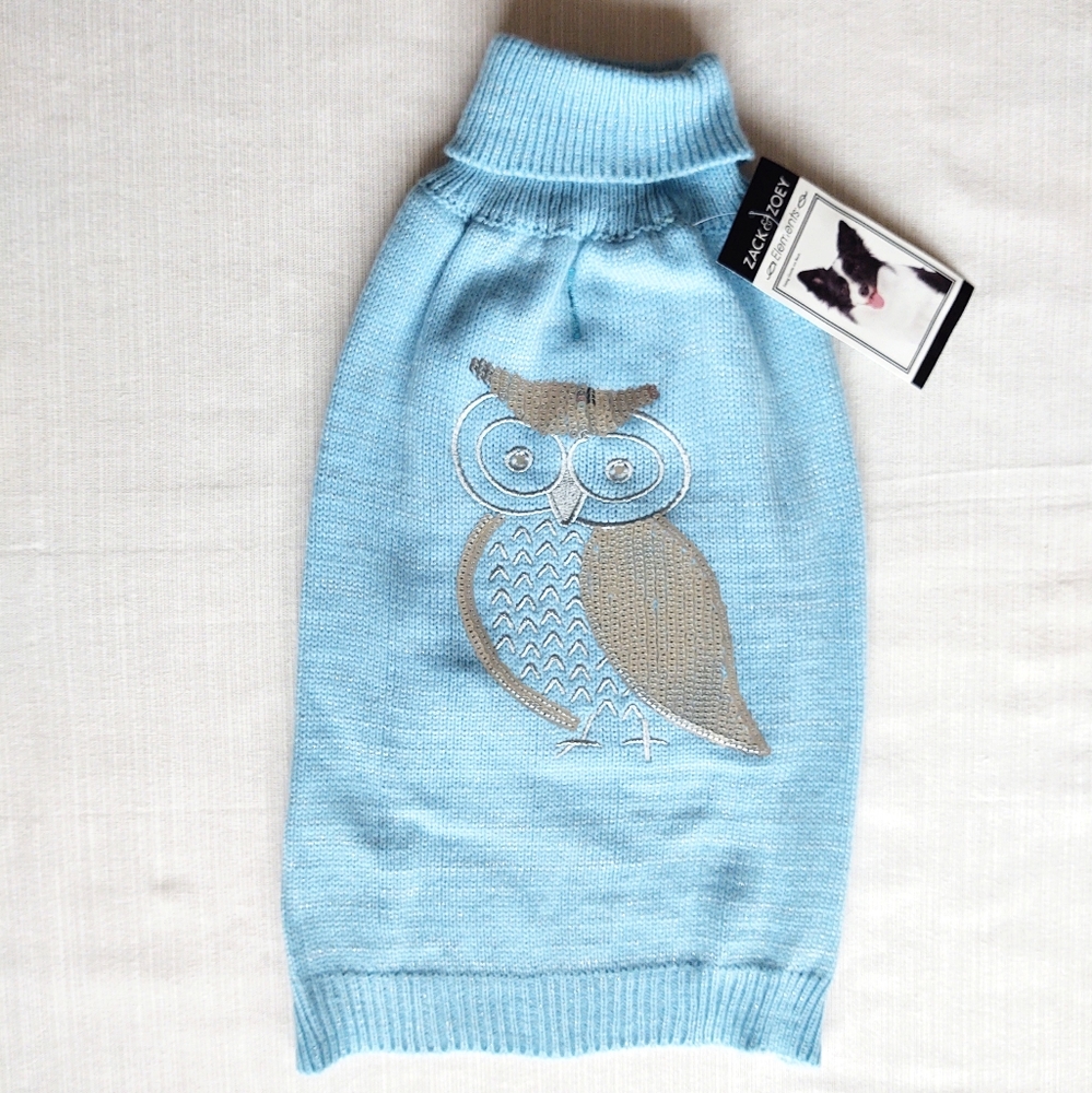 Sky Blue Sequined Owl Sweater, Dog Sz L